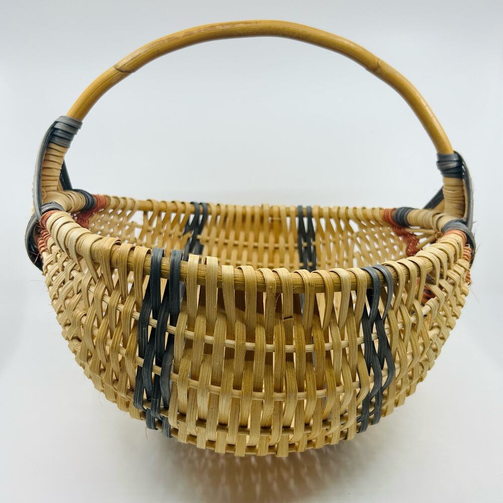 Woven Rattan Gathering Basket Set Bentwood Handle Farmhouse Boho Market Baskets - Picture 5 of 7